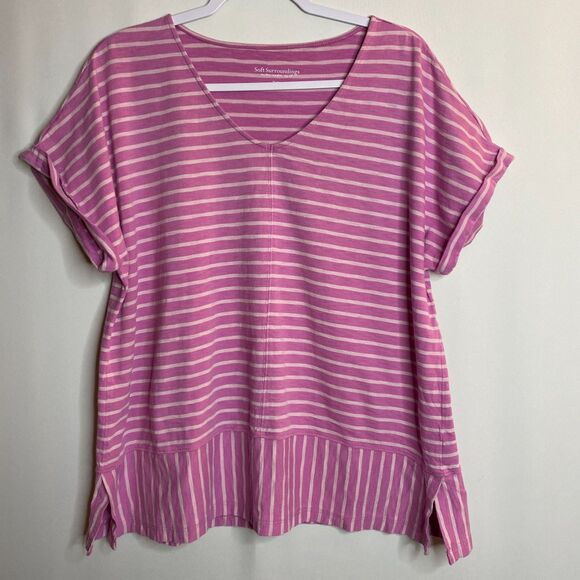 Soft Surroundings Fuchsia Striped V-Neck Short Cuffed Dolman Sleeves Size XL - Picture 1 of 9
